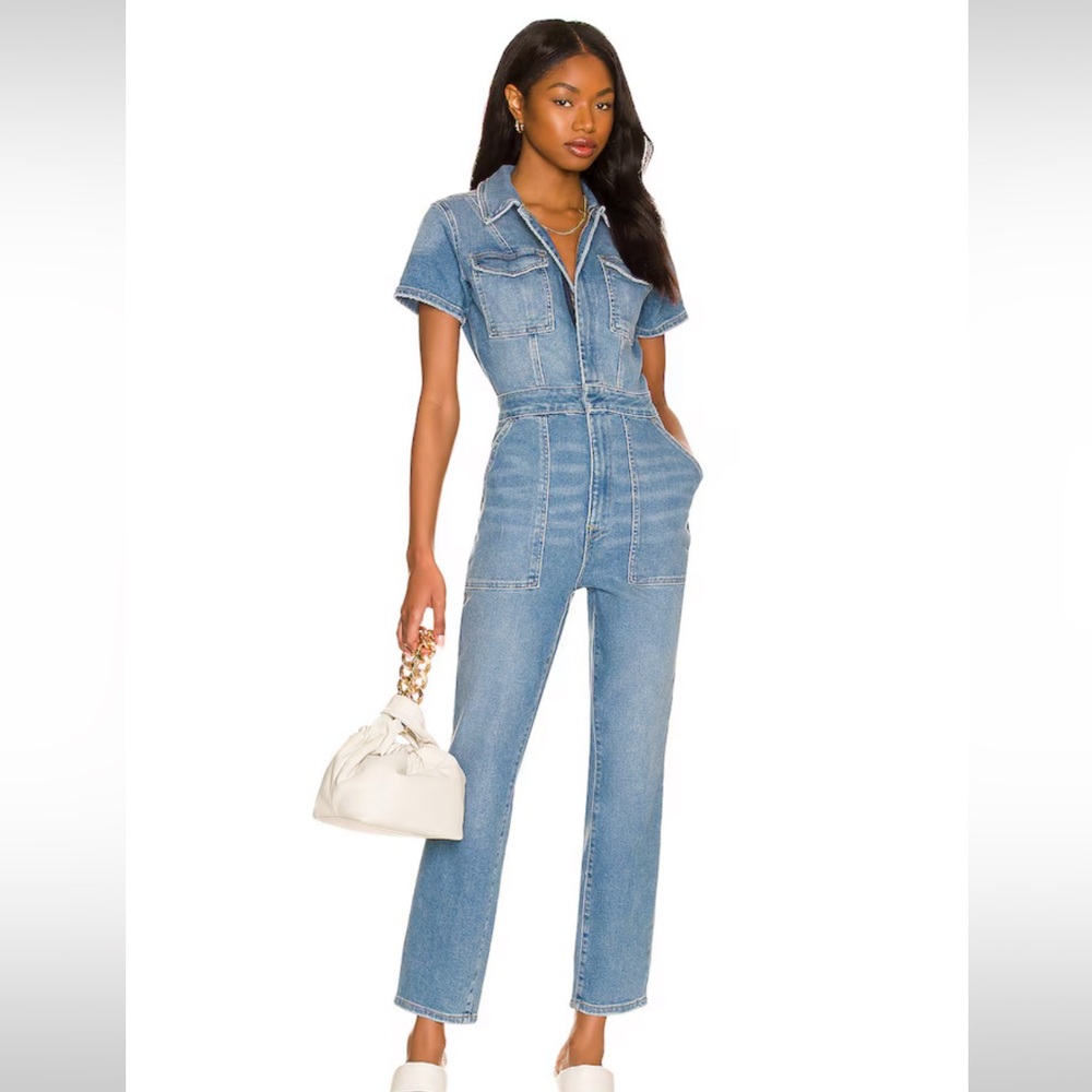 Good American Light Blue Denim Short-Sleeve Jumpsuit